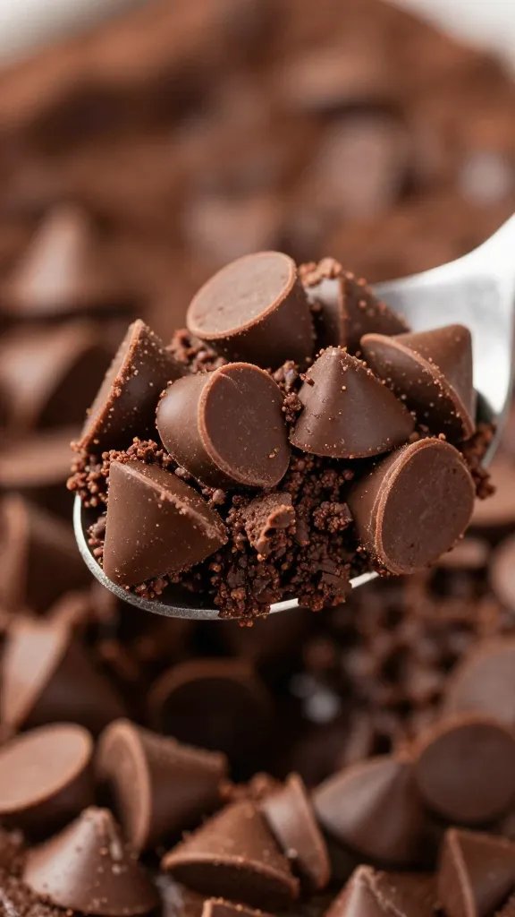 closeup of melted chocolate chips in brownie batter scoop, single clump