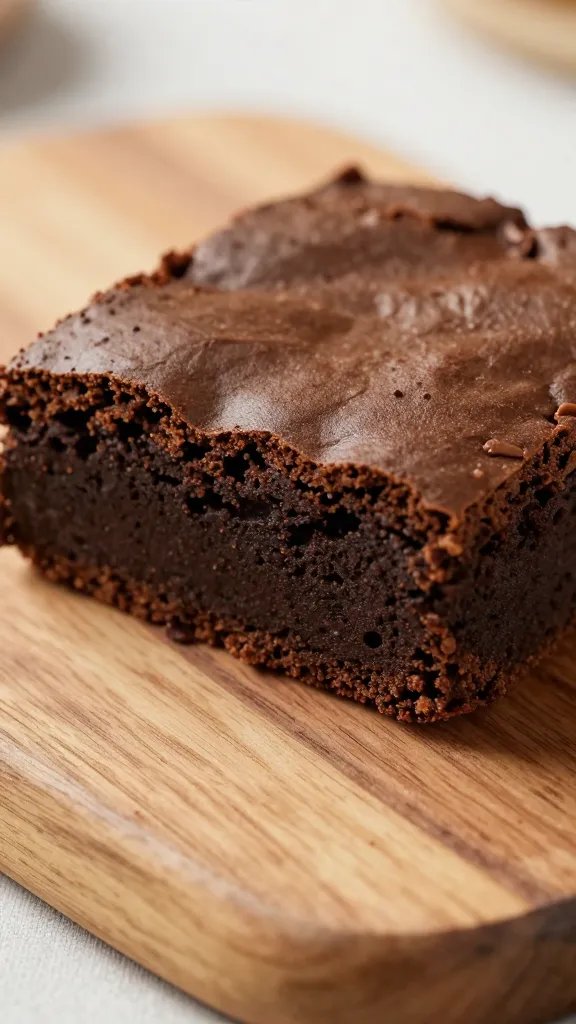 closeup of rich brownie slice on rustic wood board, focus on crumb texture