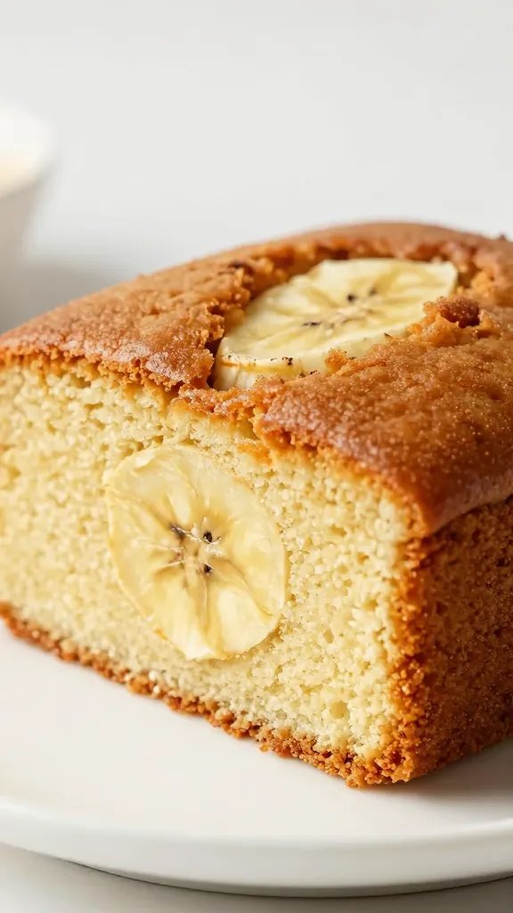 closeup of ripe banana cake slice on plate, moist crumb