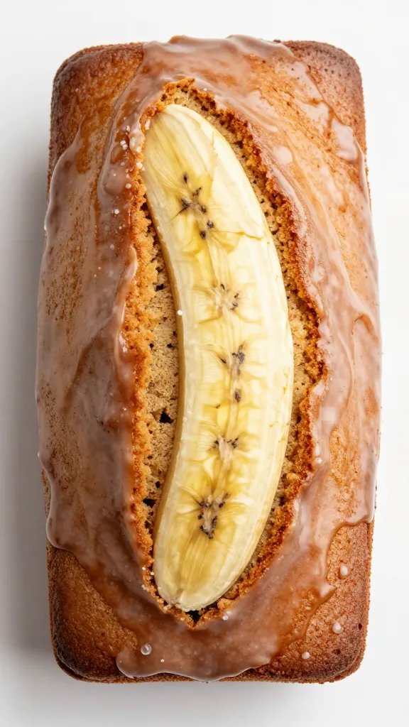top-down closeup of single banana cake loaf, glossy glaze