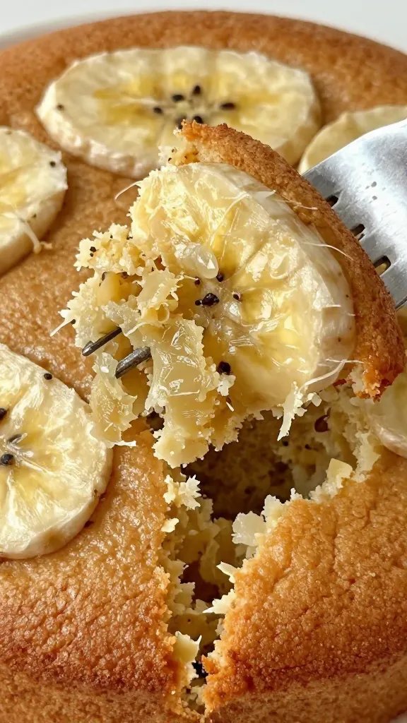 closeup of fork tearing into moist banana cake, sticky crumb texture