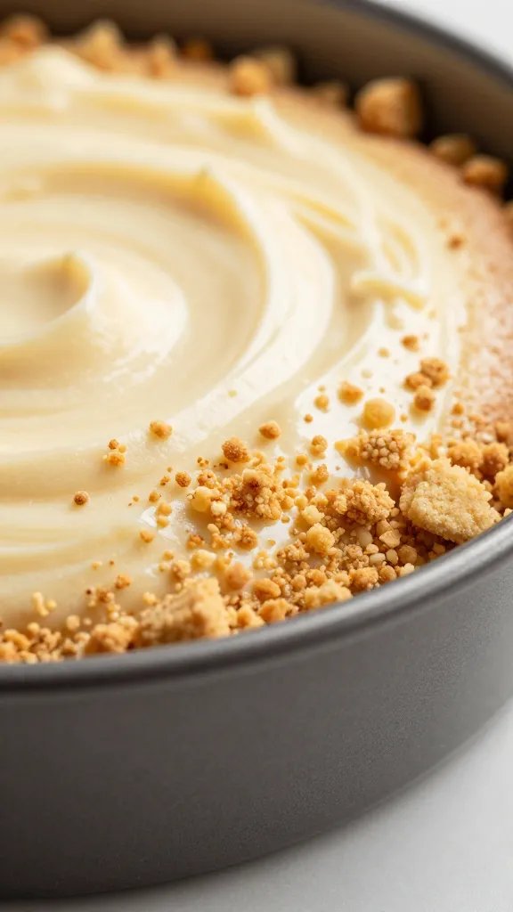 closeup of cake batter spilling from pan edge, golden crumb