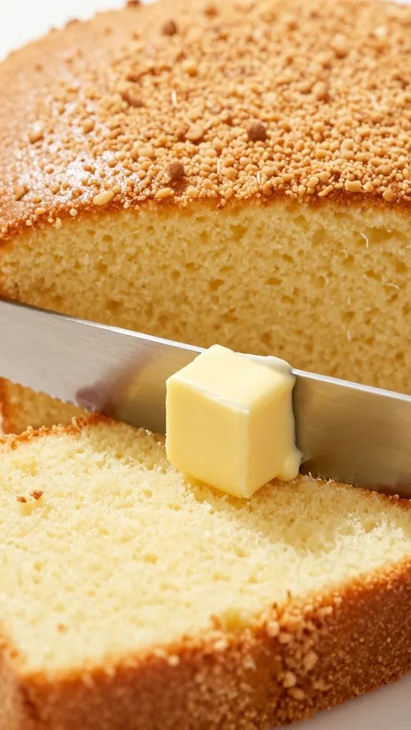 closeup of buttered knife cutting moist sheet cake, crumbed slice