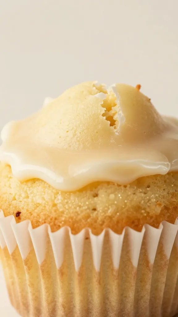 closeup vanilla cupcake in paper liner with visible crumb, soft glaze sheen, neutral background