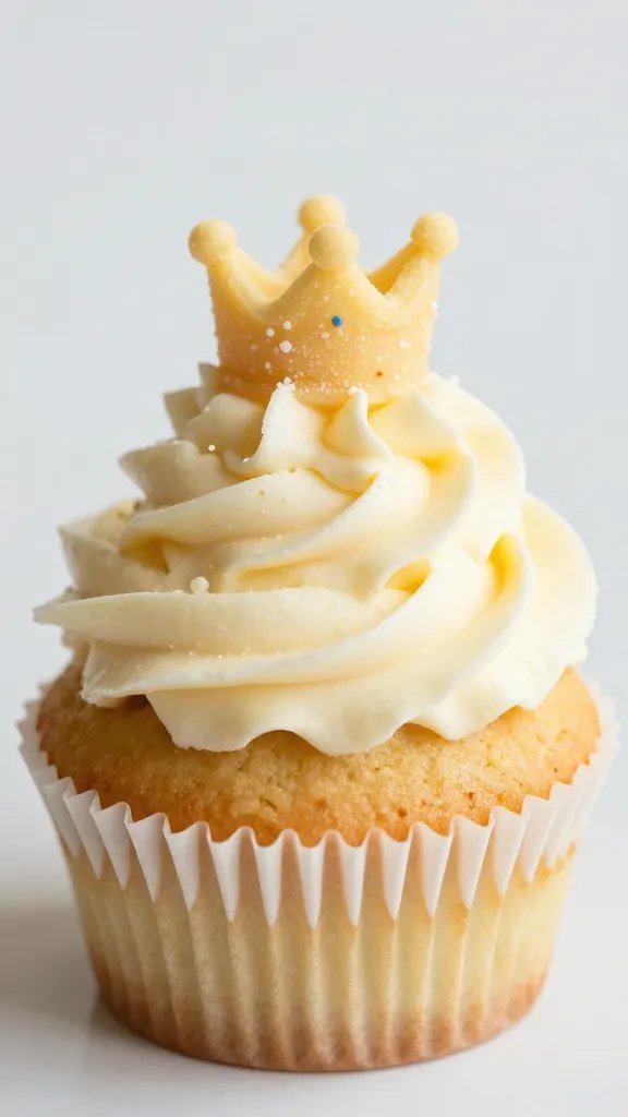 single vanilla cupcake with a tiny sprinkle crown, macro texture on frosting