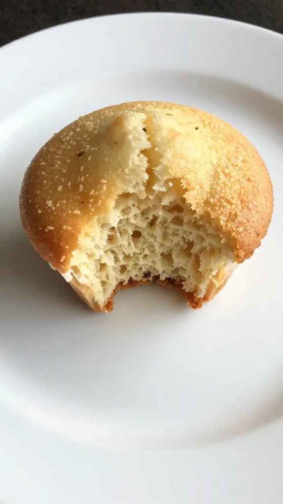 single cupcake on a plain plate, bite taken to show moist interior, natural light