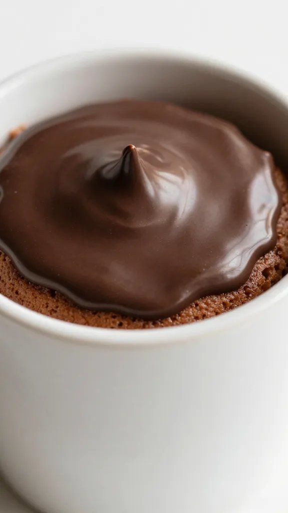 closeup mug cake in ceramic mug, glossy melted chocolate on top